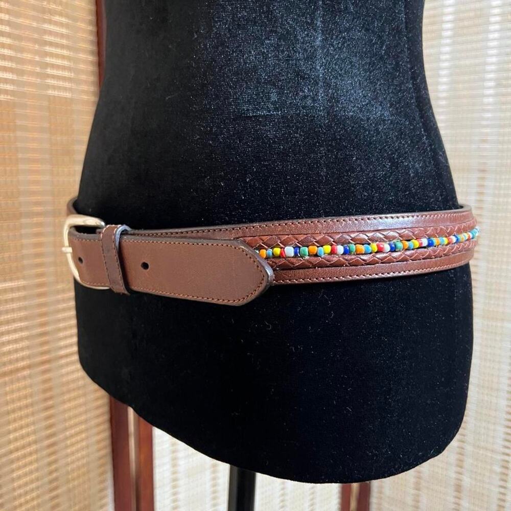 Fossil Vintage Brown Leather Beaded Belt Sz 32